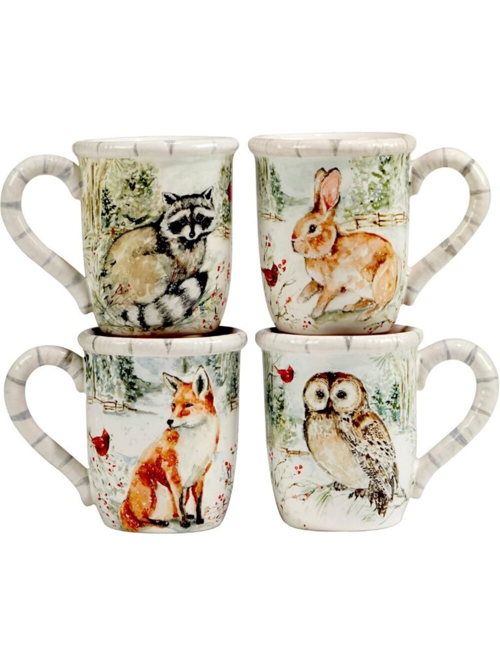 Cozy Winter Ceramic Mug Set of 4 – 16oz Fox, Owl & Raccoon Designs for Hot